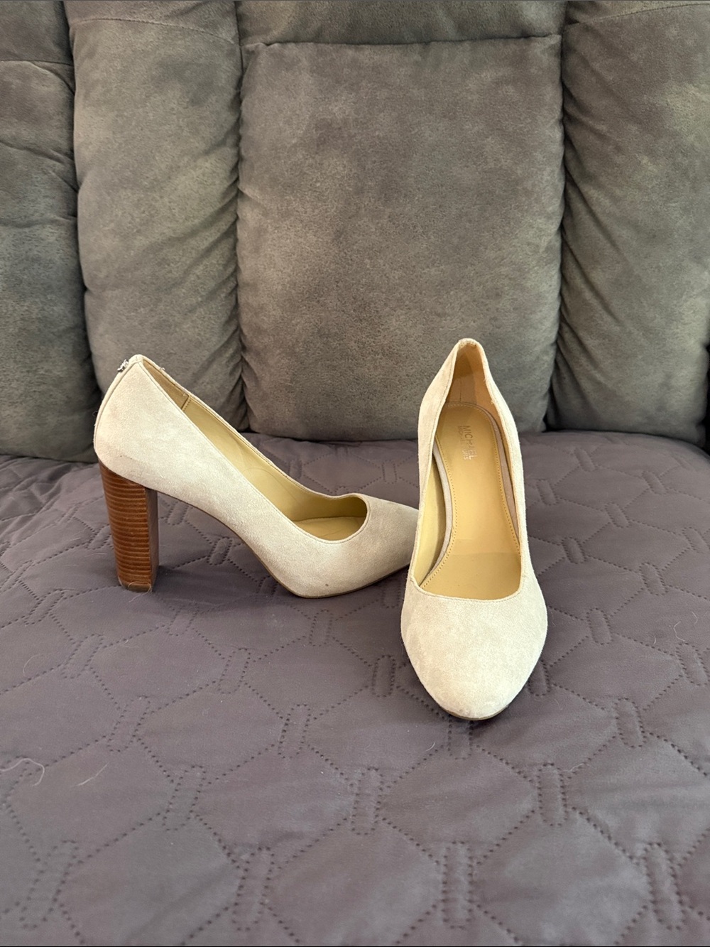 Michael Kors Cream Suede High Heel Pumps with Stacked Wood Heel